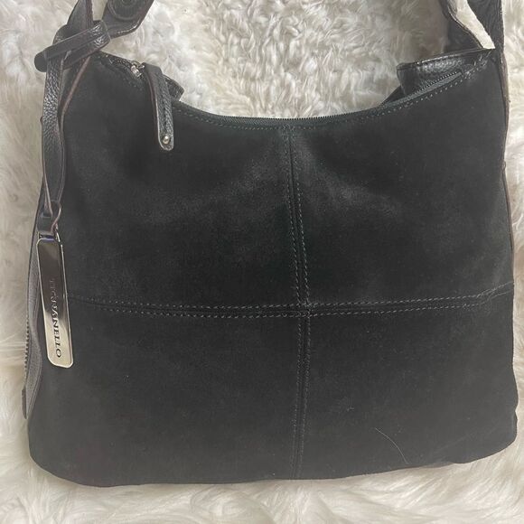 Tignanello leather suede black shoulder bag extended brown suede side zipper. - Picture 5 of 14